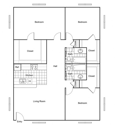 Floor plan for 3 beds, 2 baths, 1300 sqft